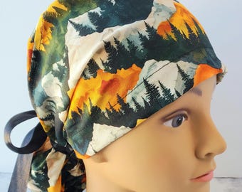 Mountains pines scrub hat surgery surgical cap OR washable cotton mens ties back,scrub cap europonytail trees pines