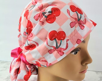 Euro ponytail scrub cap cherry bow,surgical cap ponytail,scrub cap cherry plaid,doctor gift,scrub cap cherry retro