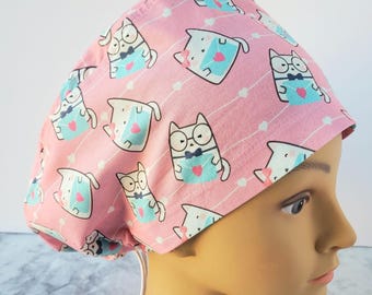 Cat surgical cap love pink,europonytail surgical cap cat Valentine pink,scrub cap letters love,Valentine cat