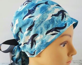 Euro ponytail scrub cap whale,surgical cap watercolor ocean,surgical cap ocean,doctor gift,sea life scrub cap serenity,scrub cap men