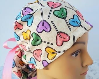 Euro ponytail scrub cap hearts candy Rainbow,surgical cap lollipop hearts,surgical cap Valentine day candy hearts Rainbow