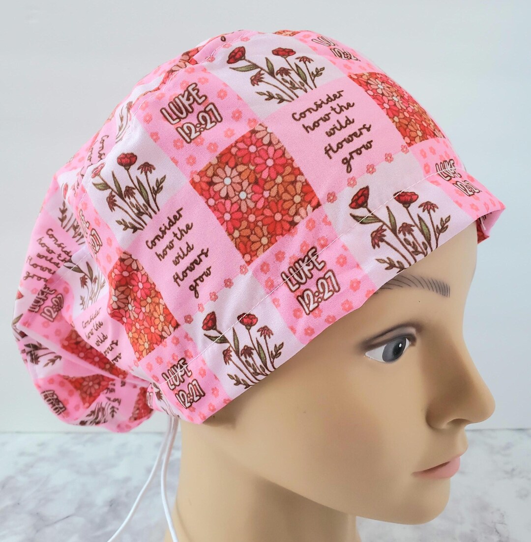 Patchwork Pink Floral Surgical Cap Bible Verse,checkered Pink Scrub Cap ...