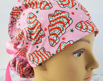 Christmas Cookies snack europonytail Scrub Cap: Pink Surgical Hat Christmas pines snack