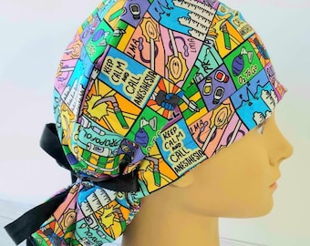 Anesthesia scrub cap Euro ponytail woman,men,tie back CRNA surgical cap
