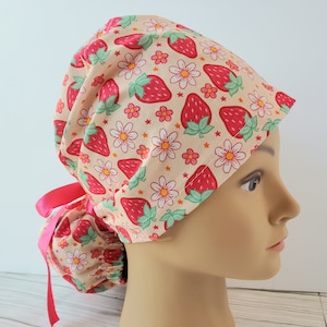 Euro ponytail scrub cap strawberry,surgical cap type ponytail flowers,pediatric nurse gift,surgical cap,scrub cap retro