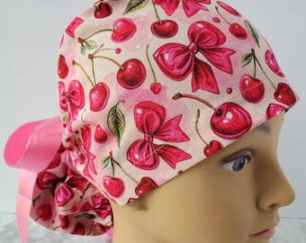 Cherry bow euroPonytail Scrub Cap - Euro Style Cotton Surgical Hat cherries wine