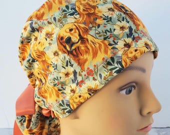Gorro quirúrgico europeo con coleta y golden retriever, gorro quirúrgico floral para perro, gorro quirúrgico con flores para cachorros, gorro quirúrgico divertido, gorro quirúrgico para perro golden