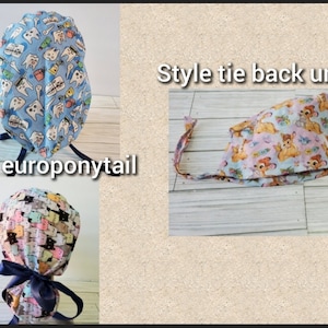 May include: Three different style scrub caps. One is light blue with teeth and dental tools. Another is a tie-back style with a Bambi print. The third is a europonytail style with a colorful pattern.