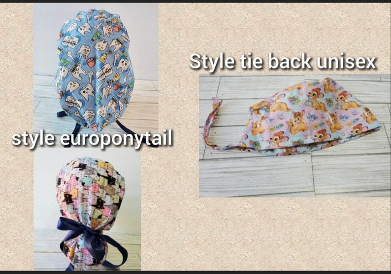 May include: Three different style scrub caps. One is light blue with teeth and dental tools. Another is a tie-back style with a Bambi print. The third is a europonytail style with a colorful pattern.