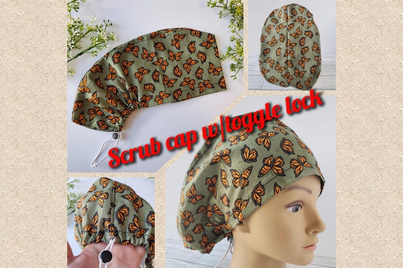 May include: A scrub cap with a toggle lock, featuring a pattern of orange butterflies on a green background. The cap is designed for medical professionals and is shown in multiple views.