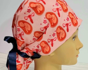 Gorro de exfoliación de cola de caballo euro obgyn, cola de caballo de gorro quirúrgico lindo, parto y parto, útero de gorro quirúrgico, gorro de exfoliación bebé en el útero, maternidad