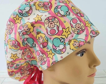 Euro ponytail scrub cap videogame,surgical cap ponytail funny,pediatric gift,surgical cap, doctor gift, scrub cap gamer dino