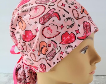 Pink Western Scrub Cap: Cowboy Hat, Boots, Rodeo - euroPonytail Style
