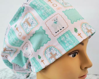 He has Risen Scrub Cap: Christian Nurse europonytail Hat, adjustable surgical cap bible verse,he has risen scrub cap sheep,easter scrub cap