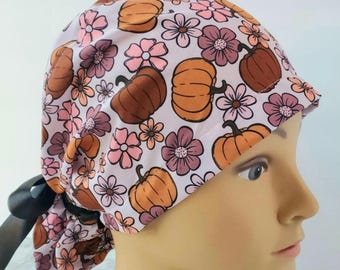 Fall Floral Pumpkin Scrub Cap: euroPonytail Style