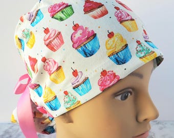 Cup cake scrub cap ,scrub cap bakery,, rainbow dessert scrub cap