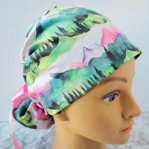 Mountains pines scrub hat rainbow ,surgical cap OR washable,scrub cap europonytail trees pines mountains pastel