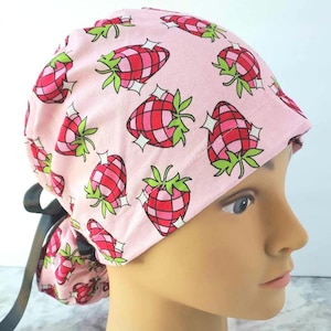 Euro ponytail scrub cap strawberry disco,surgical cap type ponytail disco,pediatric nurse gift,surgical cap,scrub cap retro