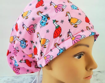 Goose silly scrub cap springtime,cottage scrub cap fruit,floral scrub cap pink goose,goose porch scrub cap