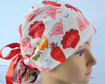 Euro ponytail scrub cap organs emoji,pediatric gift,surgical cap smile,scrub hat medicine,organs smile scrub emoji