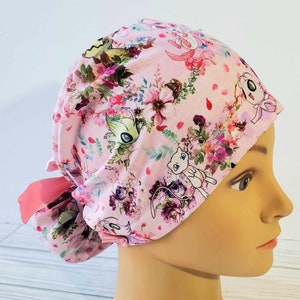 Floral Anime Scrub Cap: Pink Cotton europonytail Surgical Hat