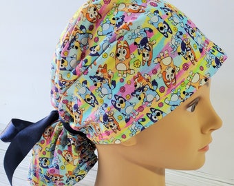 Euro ponytail scrub cap puppy blue ,surgical cap type ponytail cute,pediatric nurse gift,surgical cap,dog blue,scrub cap tie back men