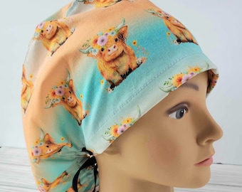Euro ponytail scrub cap cow highland fluffy floral,surgical cap ponytail funny,pediatric gift,surgical cap,scrub cap buffalo,cowgirl