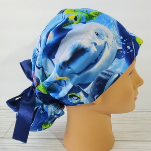 Euro ponytail scrub cap ocean life,surgical cap ponytail funny,pediatric gift,surgical cap,shark,dolphin,doctor gift,sea turtle scrub cap