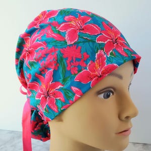 Euro ponytail scrub cap teal lily flower pink,surgical cap ponytail tropical floral,nurse gift,surgical cap,scrub cap lily flower neon