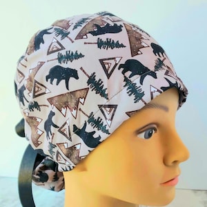 Mountains bears  scrub hat surgery surgical cap OR washable cotton mens ties back,scrub cap europonytail trees pines