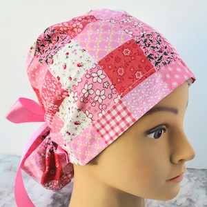 Patchwork pink floral surgical cap type ponytail checkered pink,nurse gift spring,surgical cap,scrub cap retro floral