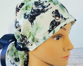 Gorro quirúrgico con cola de caballo estilo border collie, gorro quirúrgico con hojas de perro pastor, regalo pediátrico, gorro quirúrgico para cachorros, gorro quirúrgico kawaii para gato, regalo veterinario