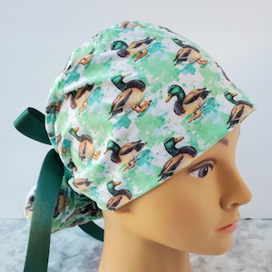 Euro ponytail scrub cap silly mallard,surgical cap duck mallard,veterinary,gift,scrub goose,scrub cap duck watercolor green