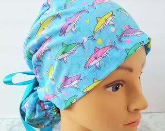 Euro ponytail scrub cap shark rainbow,surgical cap shark colorful,pediatric gift,surgical cap shark multicolor neon,checkered shark