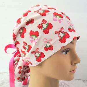Euro ponytail scrub cap strawberry retro,surgical cap type ponytail bow strawberry,pediatric nurse gift,surgical cap,scrub cap retro