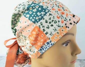 Patchwork Floral europonytail Scrub Cap: Boho Nurse Gift