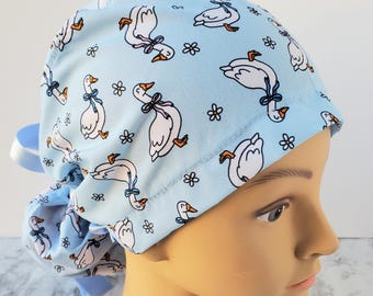 Floral Scrub Cap Silly Goose Daisies coquete euroPonytail Style blue pastel bows pink goose fun