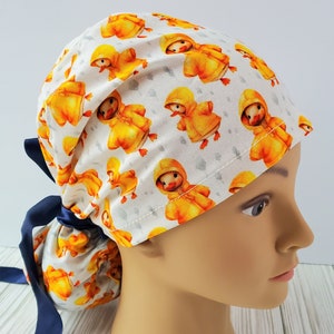 Euro ponytail scrub cap duck in rain,surgical cap ponytail cute,veterinary,gift,surgical cap animal,scrub duck,scrub cap cloud