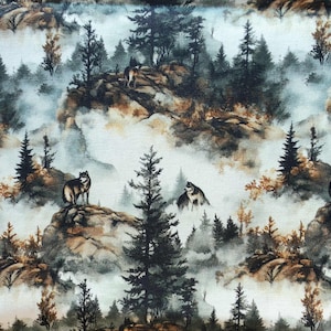 May include: Fabric with a forest scene featuring wolves, trees, and fog. The design has a watercolor effect with shades of brown, green, and gray. Several wolves are perched on rocky outcroppings.