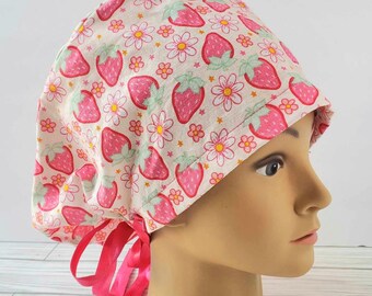 Euro ponytail scrub cap strawberry,surgical cap type ponytail flowers,pediatric nurse gift,surgical cap,scrub cap retro