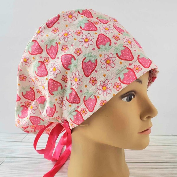 Euro ponytail scrub cap strawberry,surgical cap type ponytail flowers,pediatric nurse gift,surgical cap,scrub cap retro