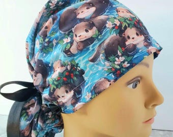 Euro ponytail scrub cap otter,surgical cap ponytail cute,pediatric gift,surgical cap otters,scrub cap blue