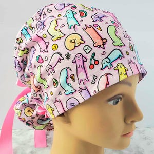 Casquette de gommage queue de cheval chien fruits d'été, casquette de gommage chien fluo,casquette chirurgicale drôle,casquette de gommage teckel pastels arc-en-ciel