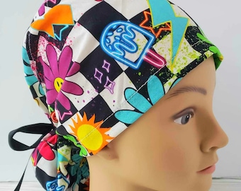 Euro ponytail scrub cap floral groovy,surgical cap type ponytail plaid floral,nurse gift neon,surgical cap,scrub cap retro neon