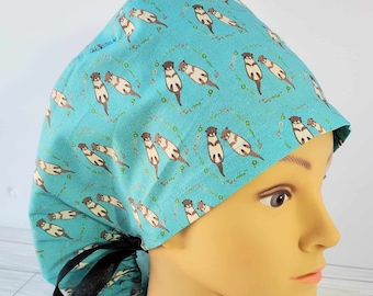 Euro ponytail scrub cap otter,surgical cap ponytail cute,pediatric gift,surgical cap otters,scrub cap blue