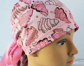 Euro ponytail scrub cap Christmas cookies tree,surgical cap tree christmas pink,scrub cap holly,scrub cap Christmas pink pine