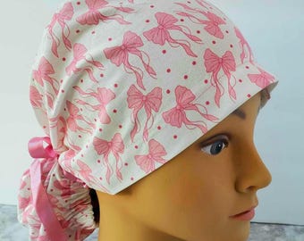 Euro ponytail scrub cap bow retro pink,scrub cap bow,scrub cap pink retro polka pink,coquette cap Valentine