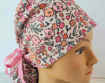 Euro ponytail scrub cap the little flowers,surgical cap type ponytail retro floral,nurse gift spring,surgical cap,scrub cap retro flower