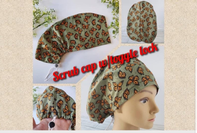 May include: Green scrub cap with a butterfly print and a toggle lock. The cap is made of fabric and has a drawstring.