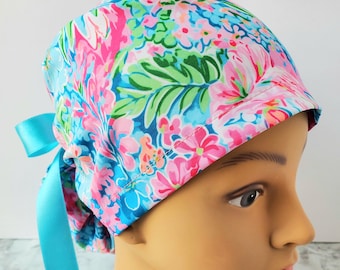 Floral Euro ponytail scrub cap preppy ,surgical cap type ponytail leaves preppy,nurse gift,summertime surgical cap flowers